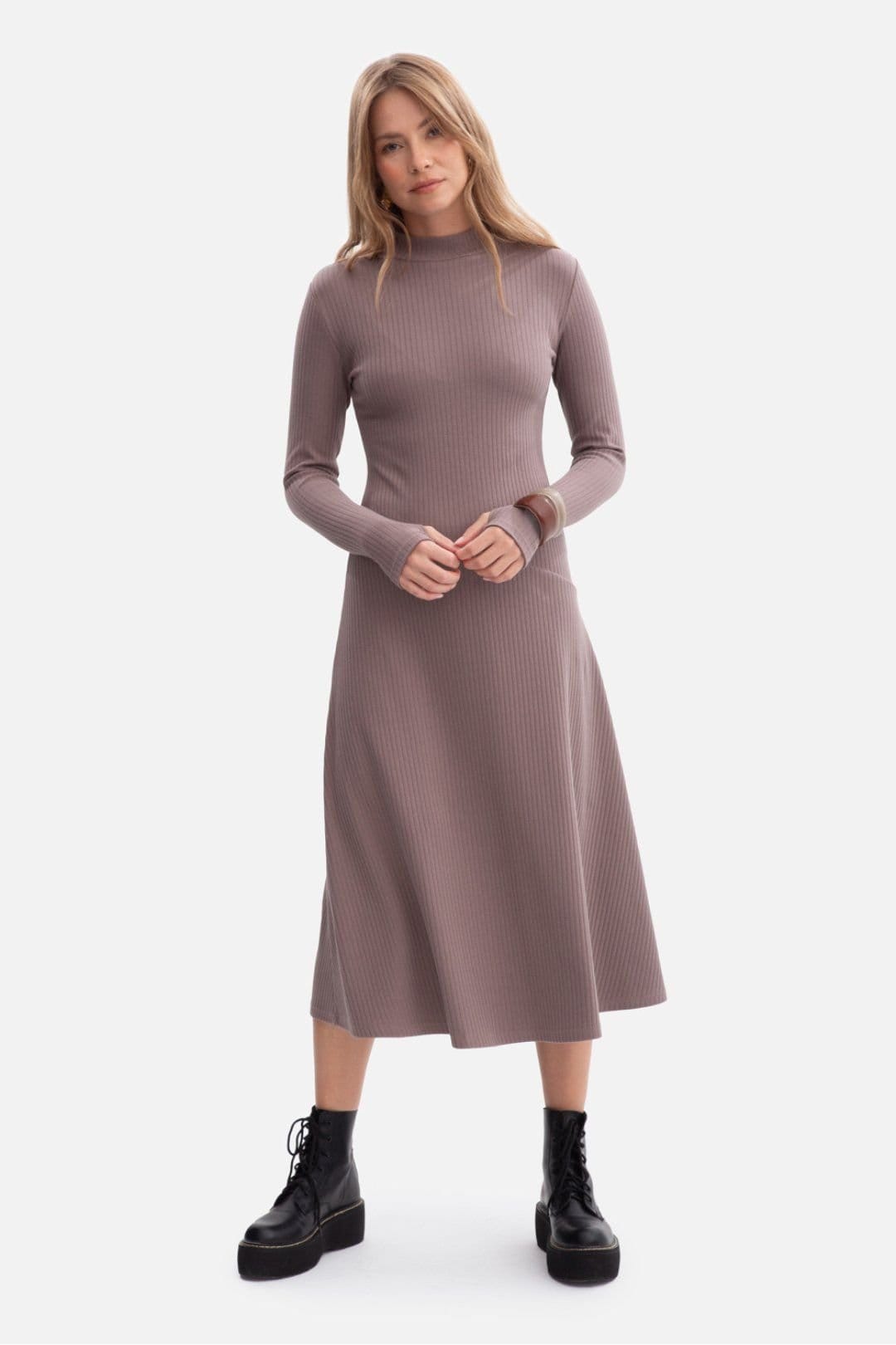 Love Lace Brown Ribbed Midi Dress with Stand Collar