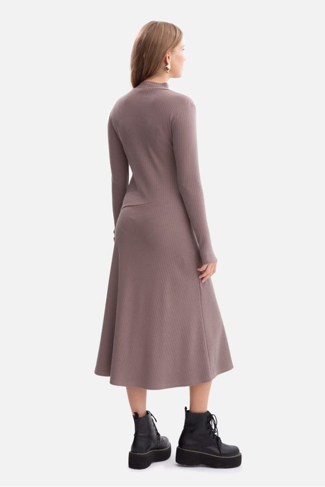 Love Lace Love Lace Women's Ribbed Midi Dress with Stand Collar Sleeves in Brown - 2