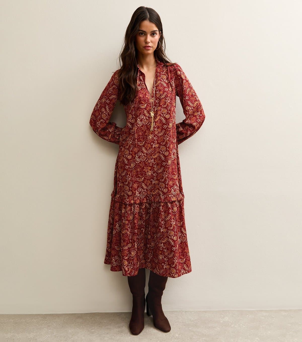 New Look Women's Red Paisley Keyhole Midi Dress New Look