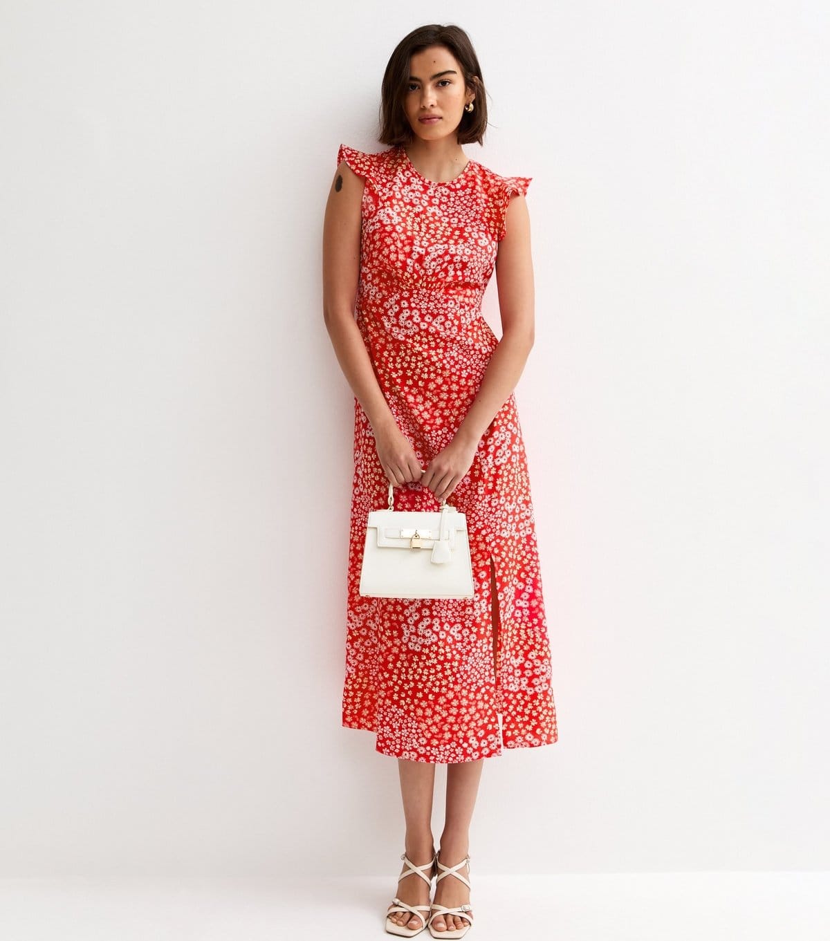 New Look Red Ditsy Floral Frill Midi Dress