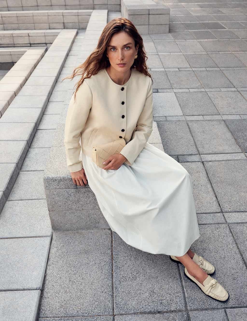 Marks & Spencer M&S Cotton Rich Square Neck Midi Waisted Dress Ivory