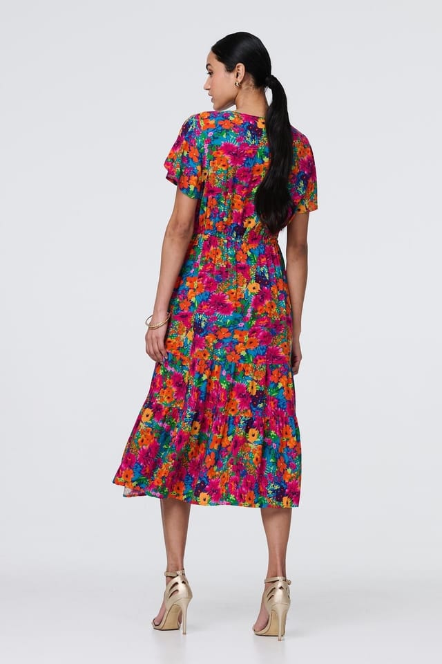 Izabel London Izabel London Women's Floral Short Sleeve Tie Waist Dress in Pink - 2