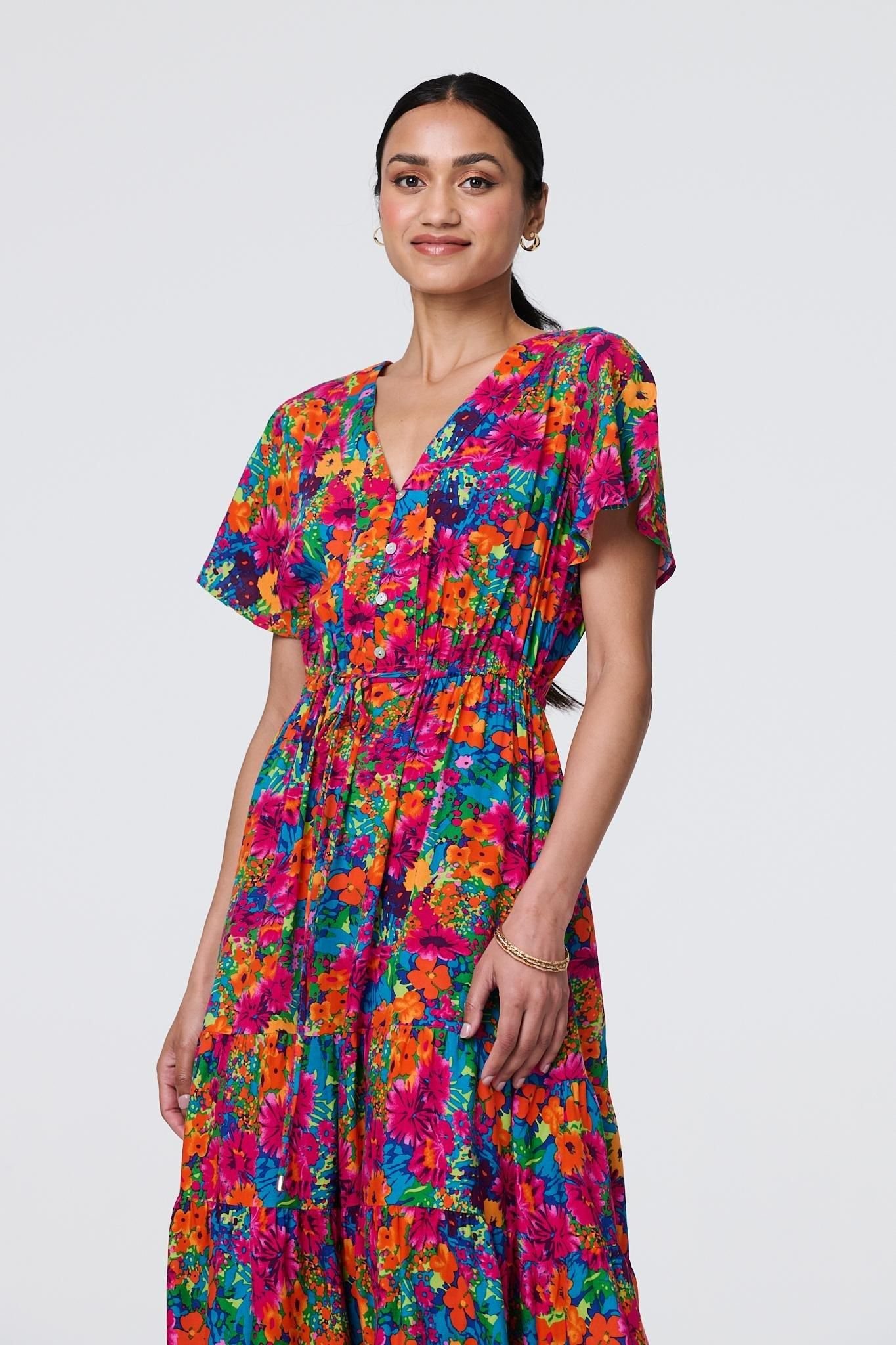 Izabel London Izabel London Women's Floral Short Sleeve Tie Waist Dress in Pink - 3