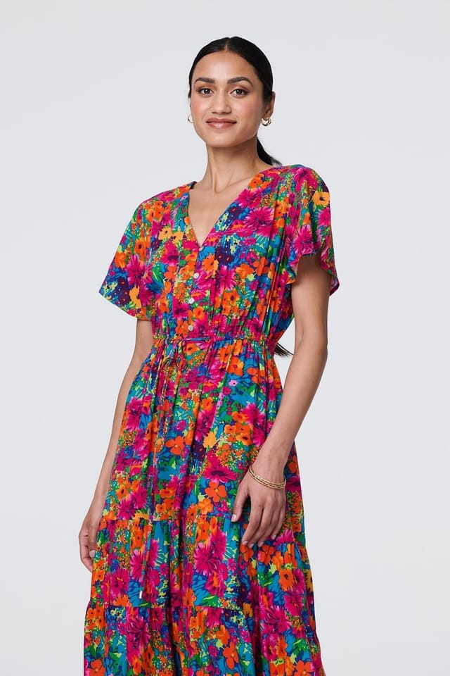 Izabel London Izabel London Women's Floral Short Sleeve Tie Waist Dress in Pink - 3