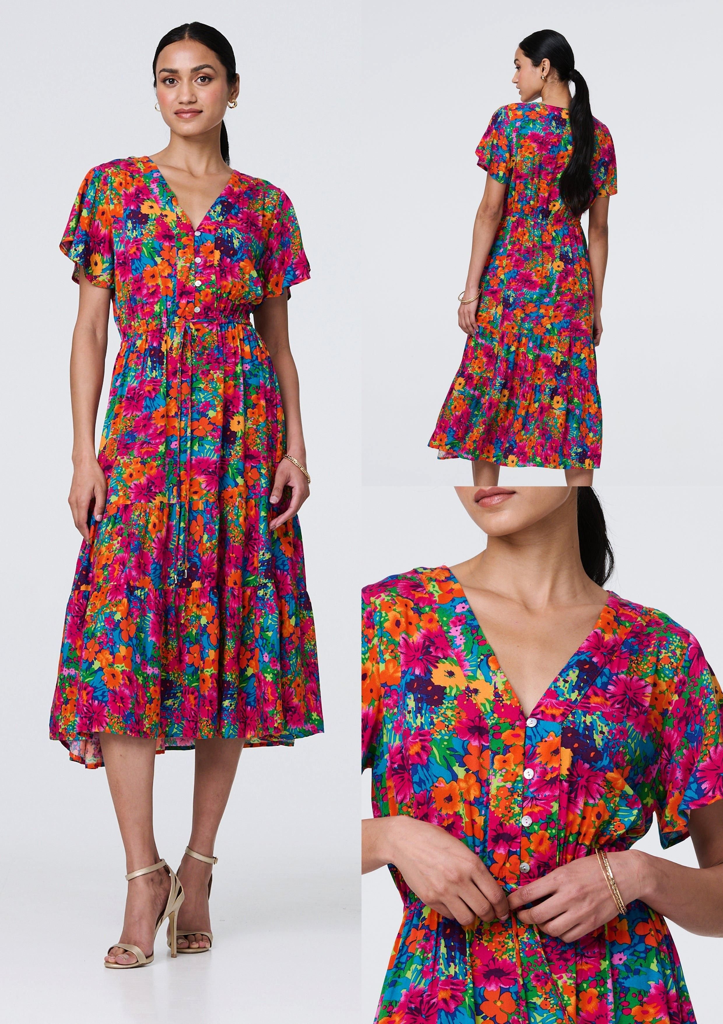 Izabel London Izabel London Women's Floral Short Sleeve Tie Waist Dress in Pink - 4