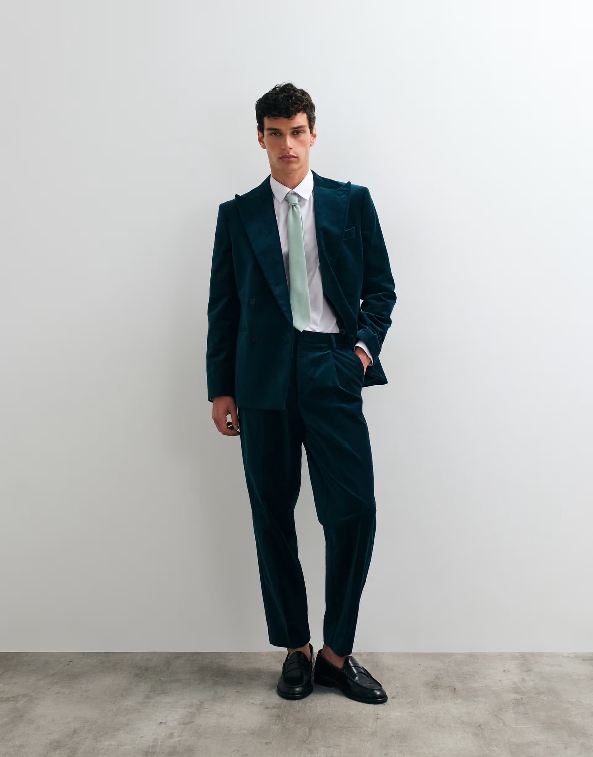 ASOS ASOS DESIGN relaxed tapered pleat front suit trousers in dark teal cotton velvet