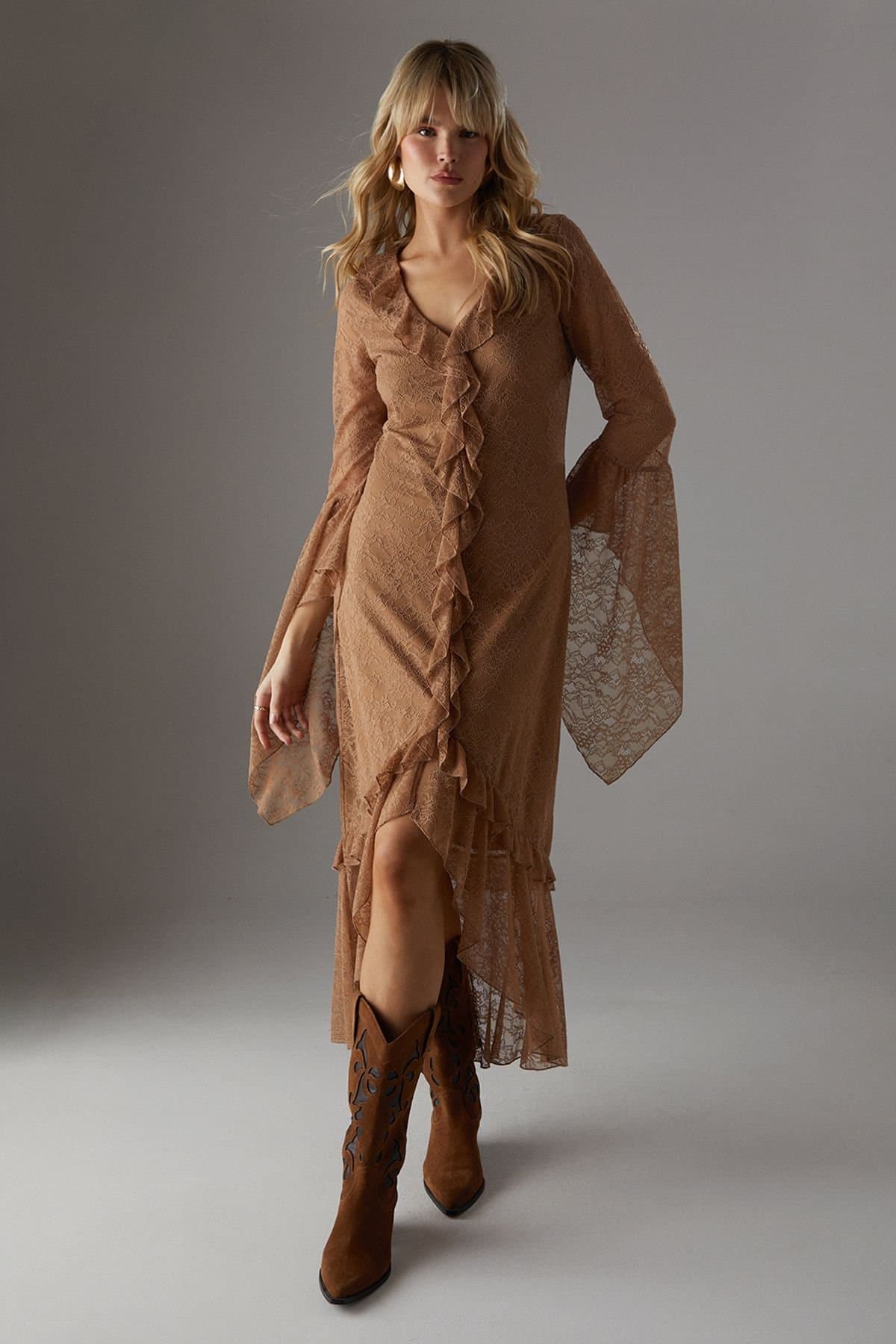 Warehouse Warehouse Women's Lace Button Through Ruffle Maxi Dress in Tan