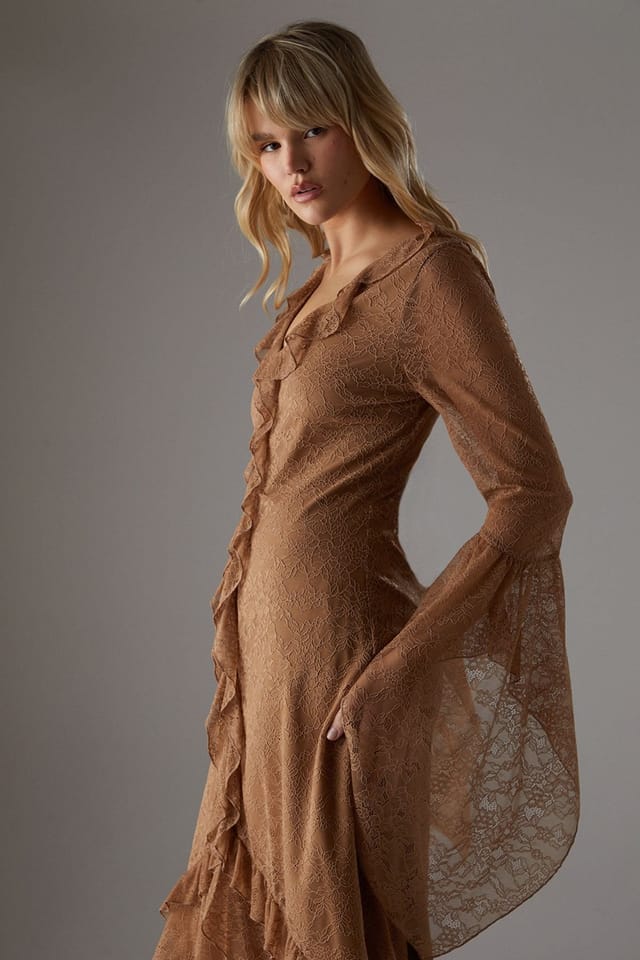 Warehouse Warehouse Women's Lace Button Through Ruffle Maxi Dress in Tan - 2