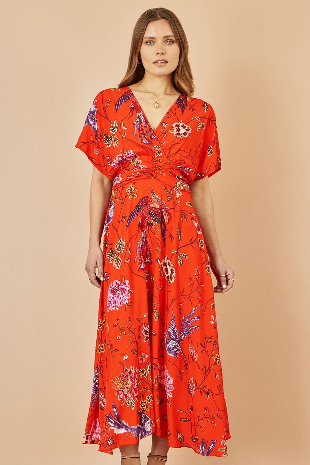 Yumi Yumi Women's Orange Viscose Bird & Floral Print Kimono Midi Dress
