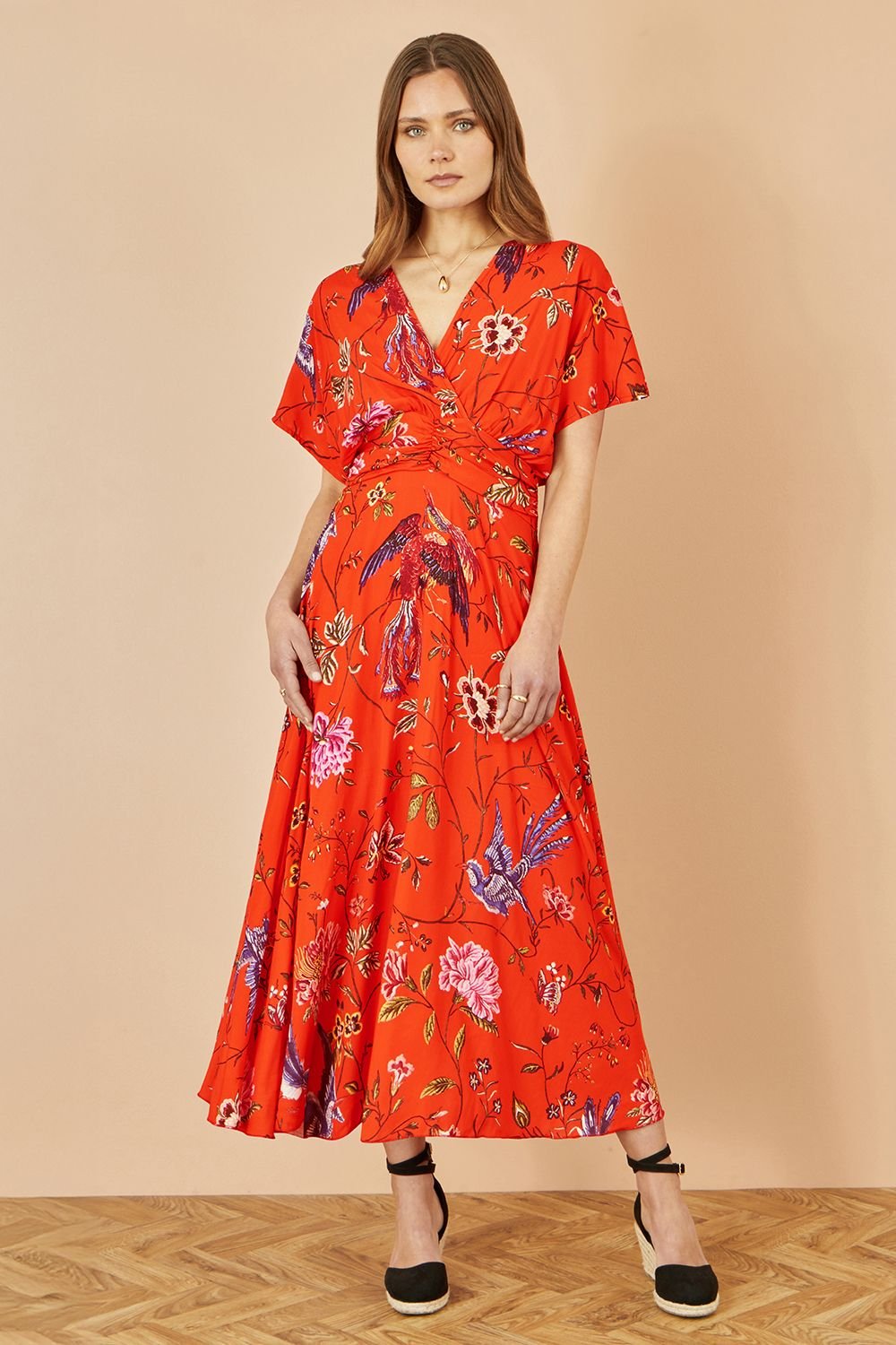 Yumi Yumi Women's Orange Viscose Bird & Floral Print Kimono Midi Dress - 2