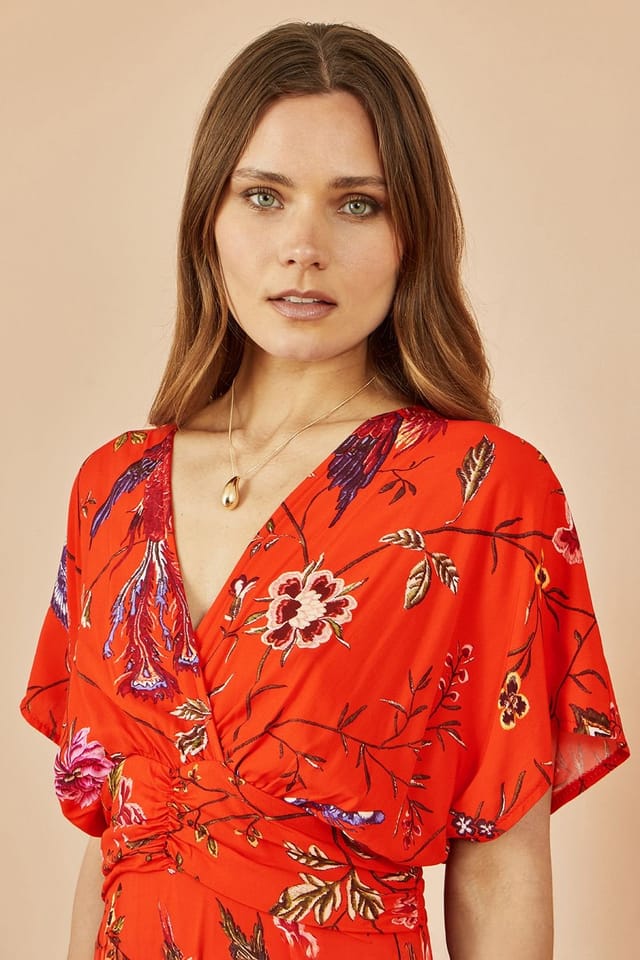 Yumi Yumi Women's Orange Viscose Bird & Floral Print Kimono Midi Dress - 3