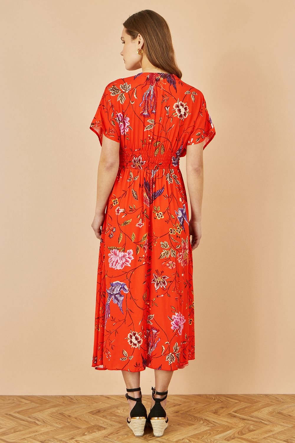 Yumi Yumi Women's Orange Viscose Bird & Floral Print Kimono Midi Dress - 4