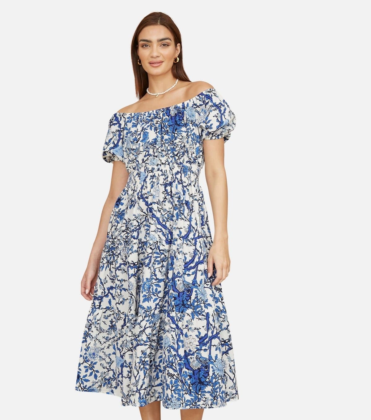 Yumi Women's Blue Floral Print Off Shoulder Midi Dress Yumi New Look