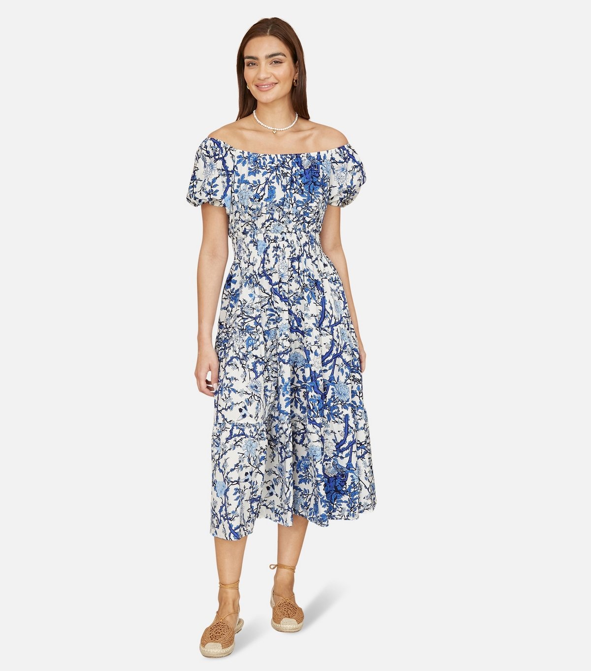 Yumi Women's Blue Floral Print Off Shoulder Midi Dress Yumi New Look - 2