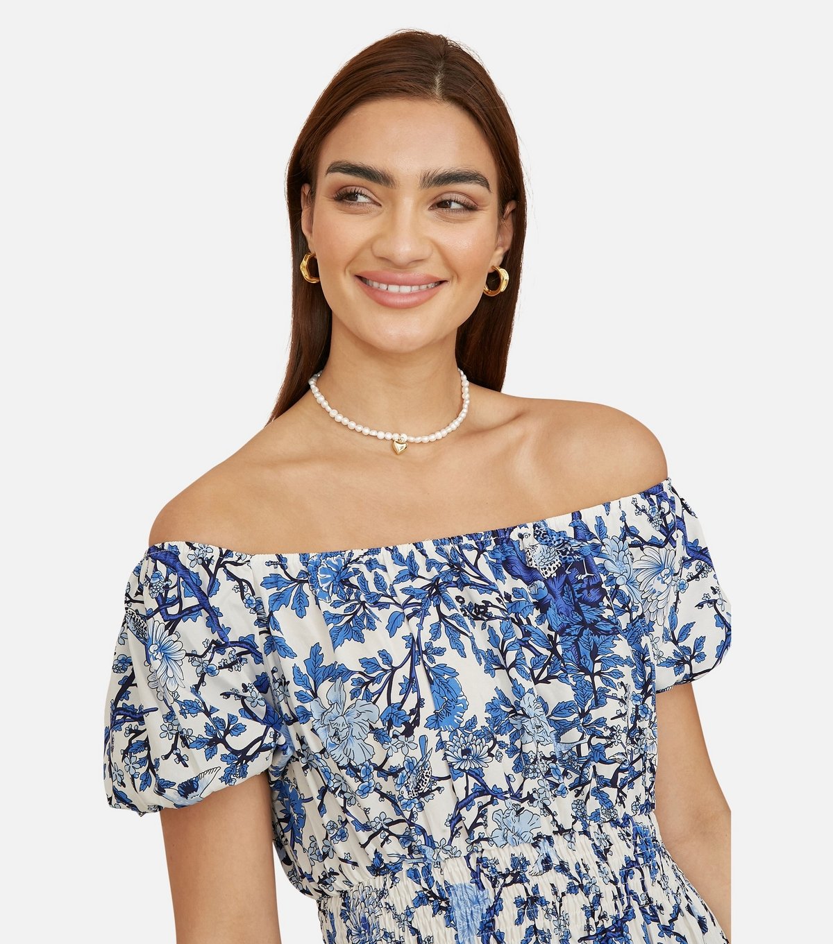 Yumi Women's Blue Floral Print Off Shoulder Midi Dress Yumi New Look - 3