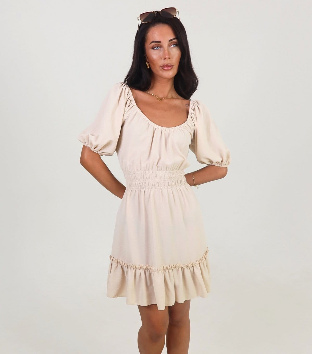Women's Stone Puff Sleeve Frill Hem Mini Dress AX Paris New Look