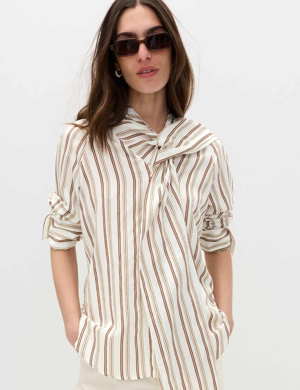 Marks & Spencer M&S Striped Scarf Neck Detail Shirt White Mix