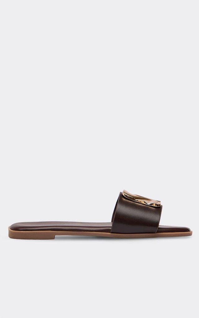 EGO Ronan Trim Detail Flat Slider Sandal In Brown Faux Leather, Women's Size UK 3 - 2