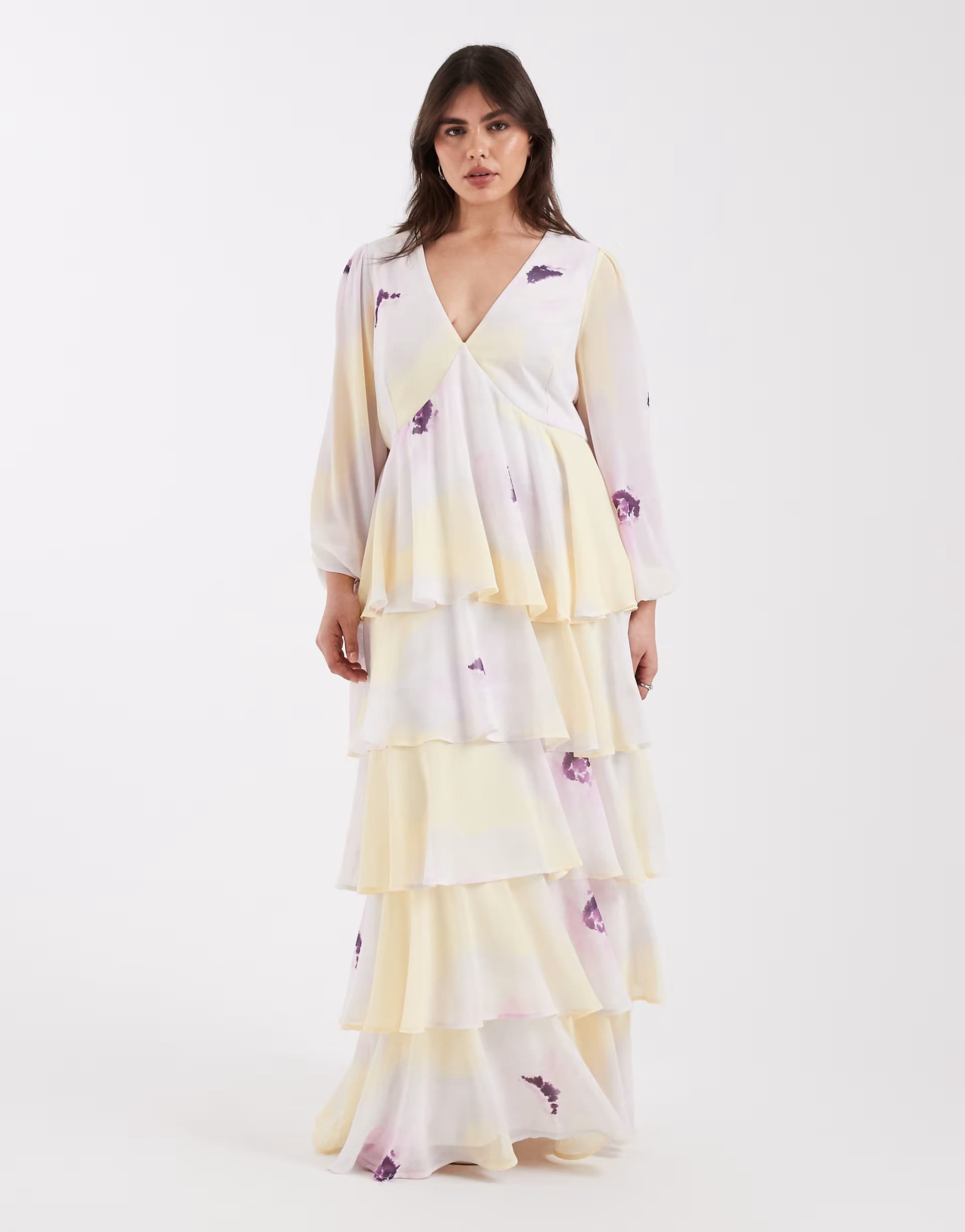 ASOS Pretty Lavish Curve ruffle maxi dress in lilac and yellow floral
