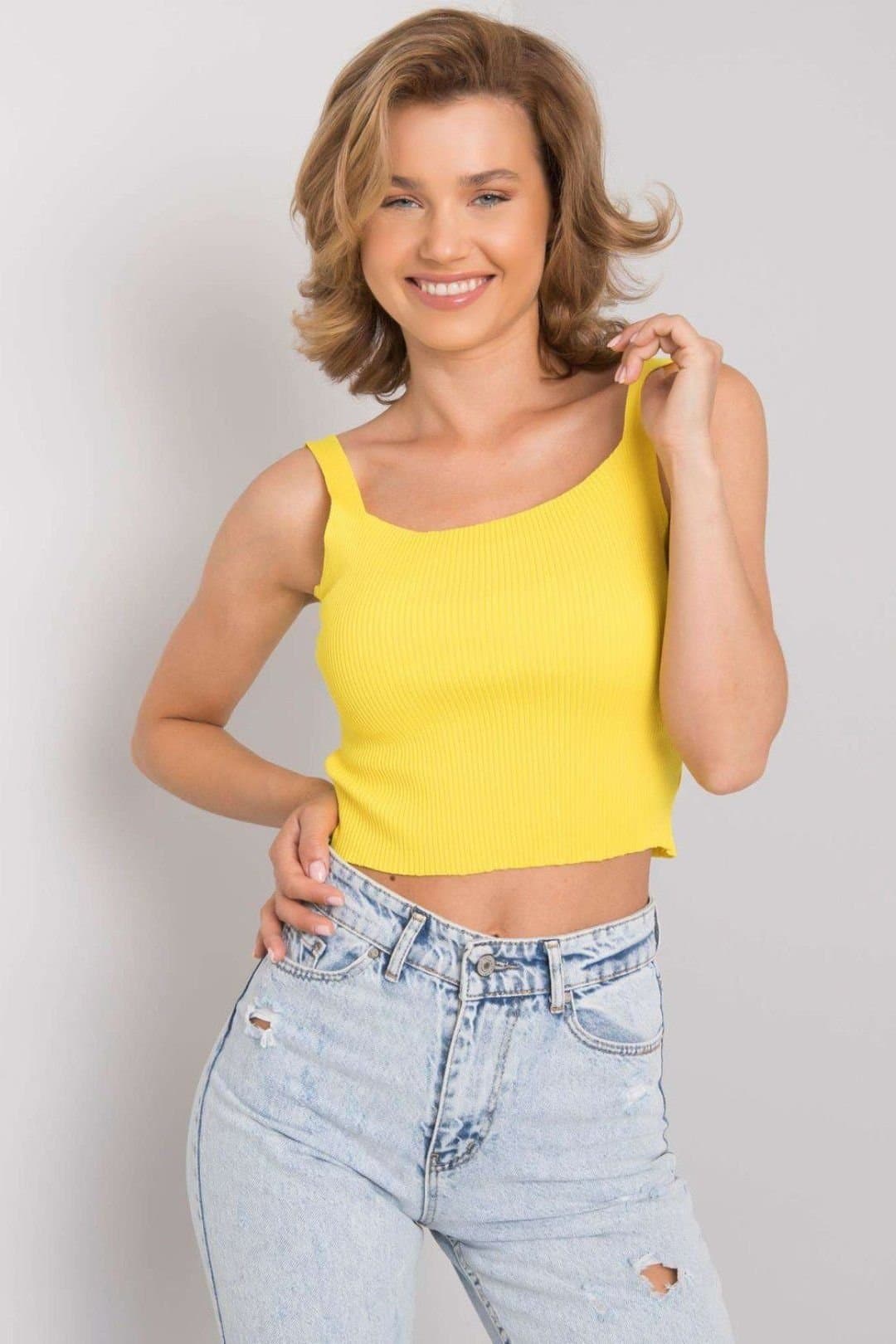 Love Lace Love Lace Women's Ribbed Acrylic Round Neck Pullover Top in Yellow