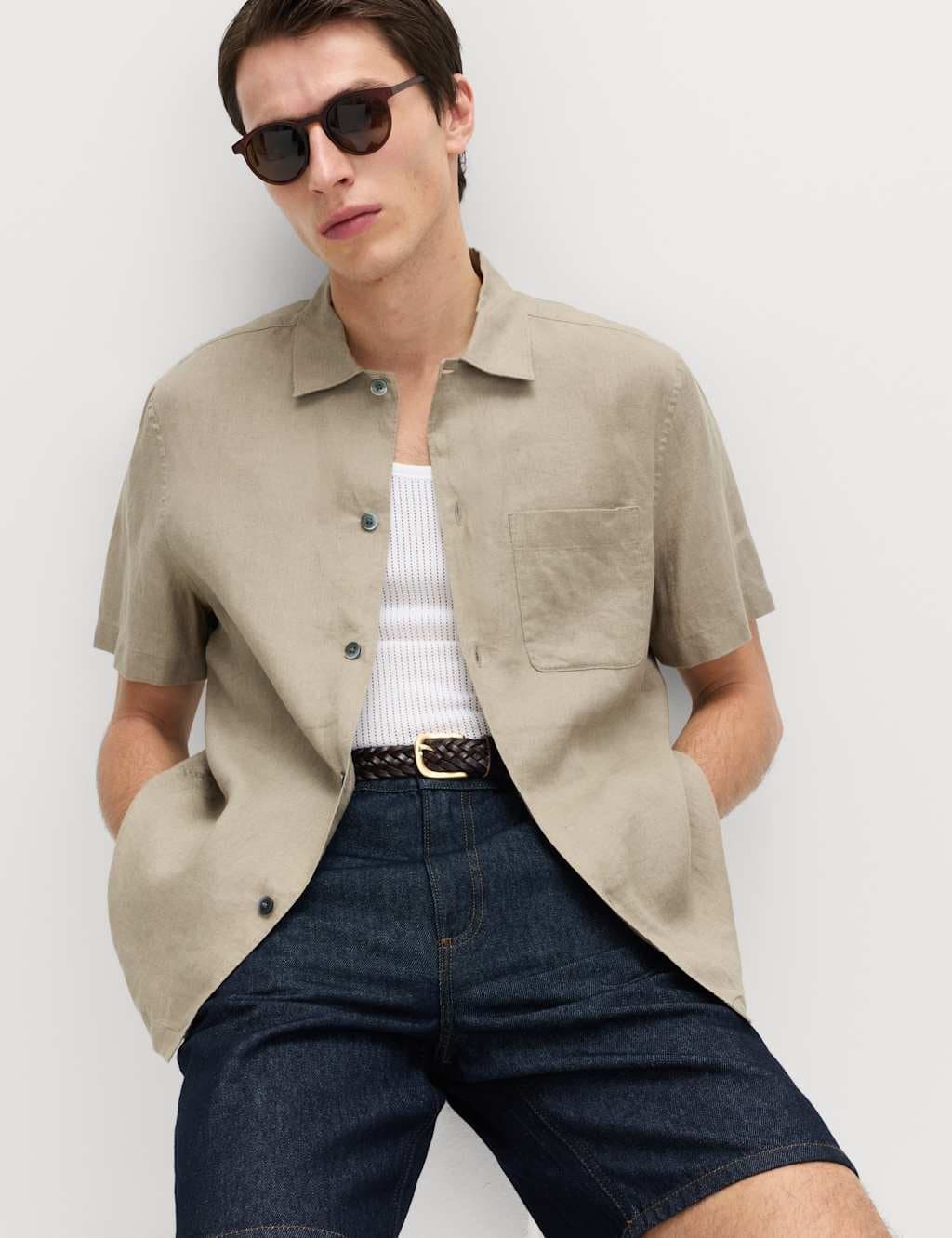 Marks & Spencer M&S Pure Linen Short Sleeve Shirt Natural