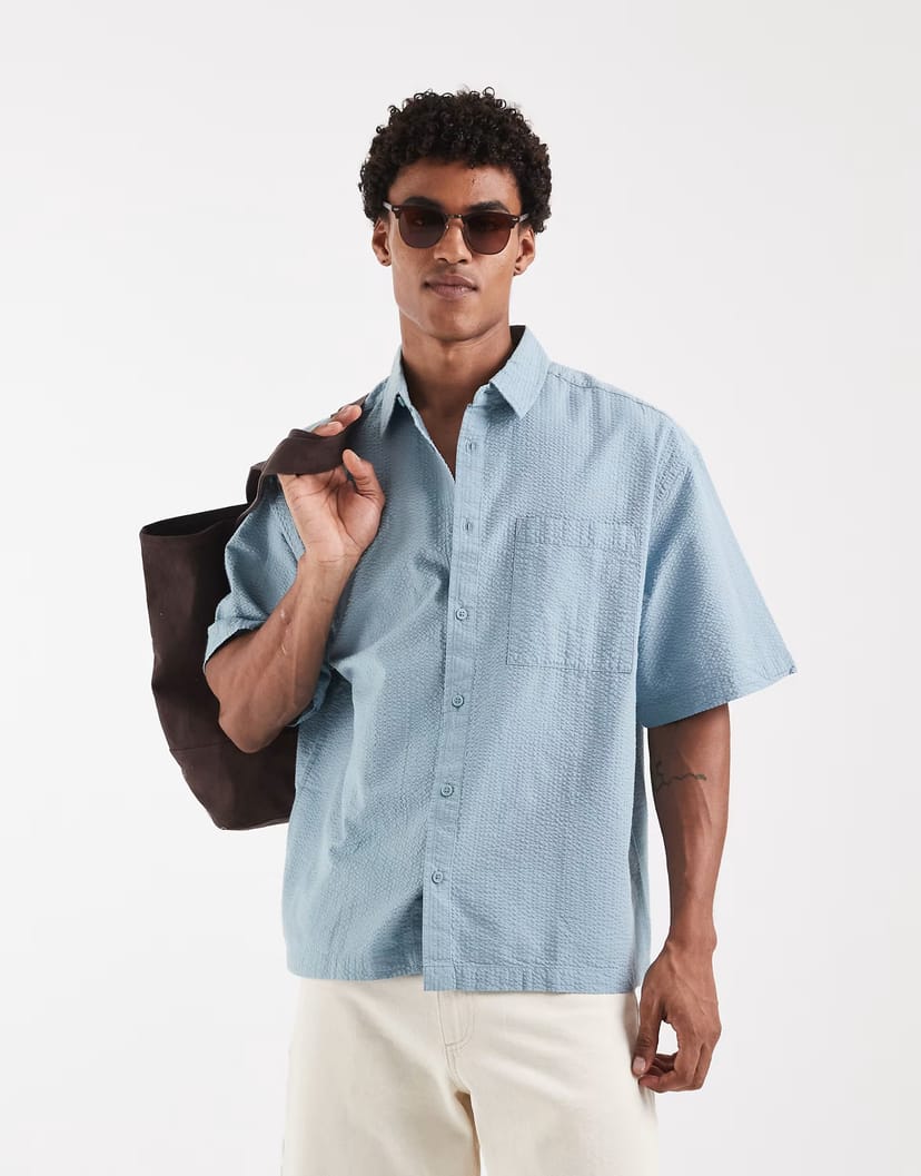 ASOS ASOS DESIGN oversized seersucker shirt in blue - 1