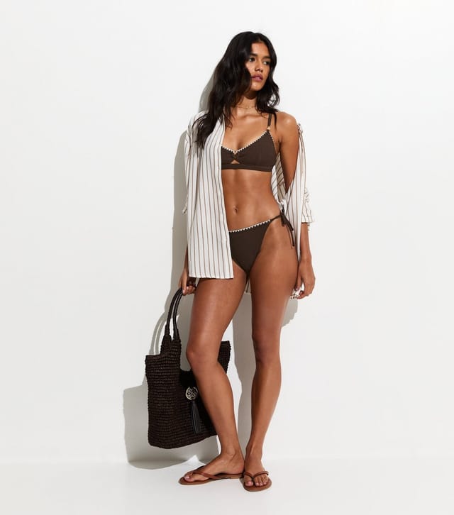 New Look Women's Dark Brown Blanket Stitch Beaded Crop Bikini Top New Look - 3