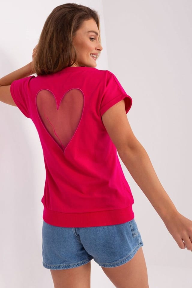 Love Lace Love Lace Women's Short Sleeve Neck Blouse with Heart Mesh Back in Fuchsia - 2