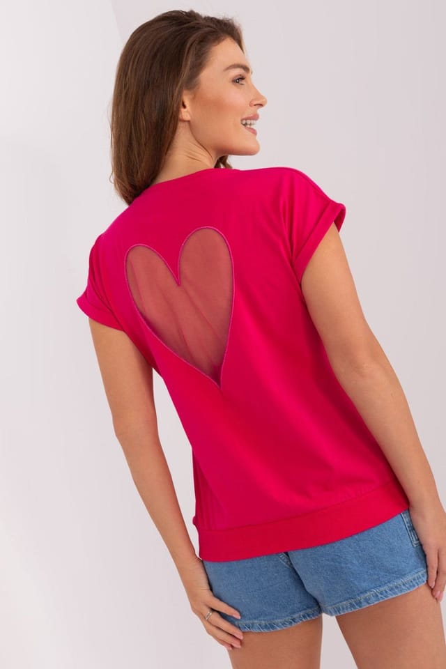 Love Lace Love Lace Women's Short Sleeve Neck Blouse with Heart Mesh Back in Fuchsia - 3