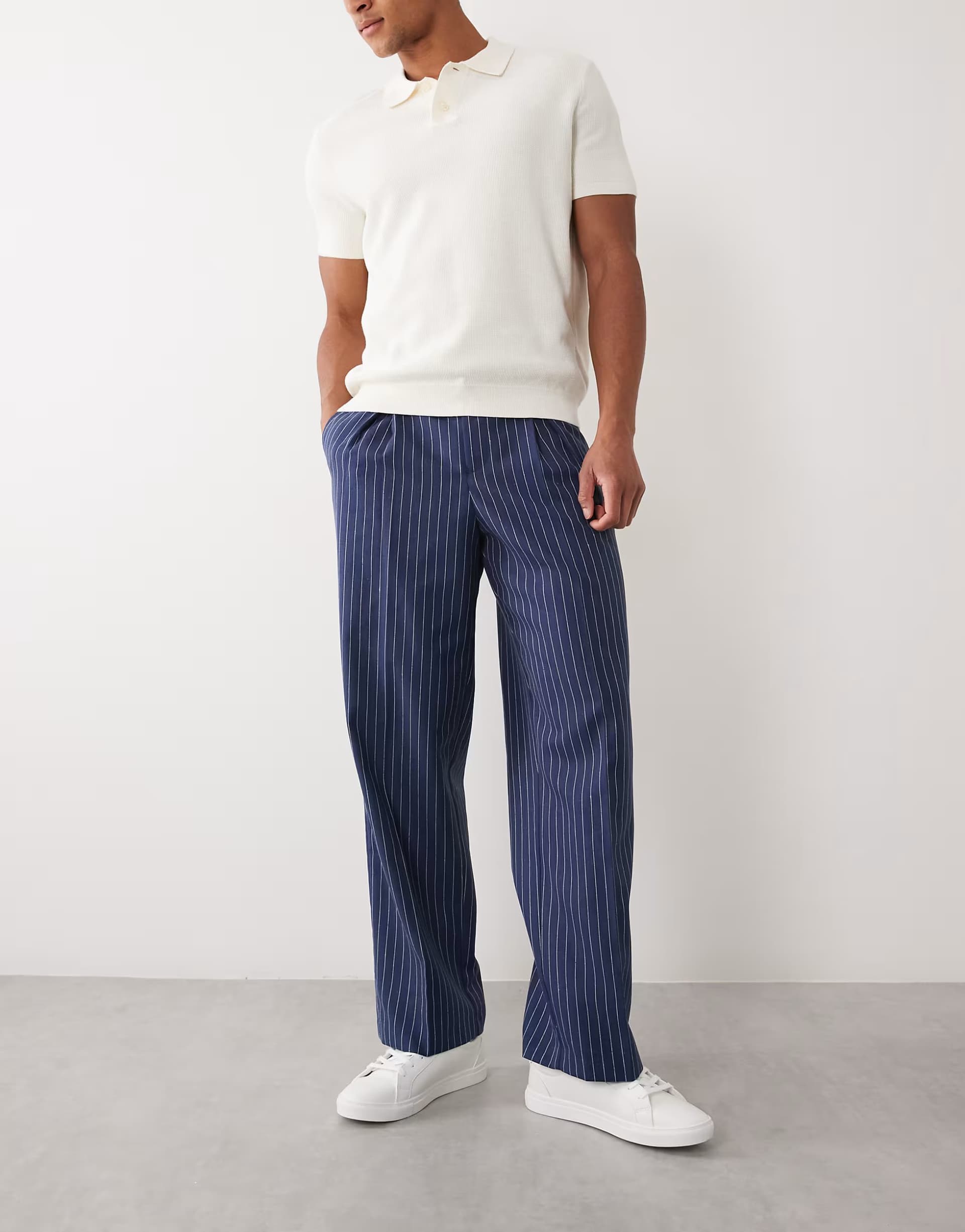 ASOS ASOS DESIGN linen smart pleated wide leg trousers in navy pinstripe
