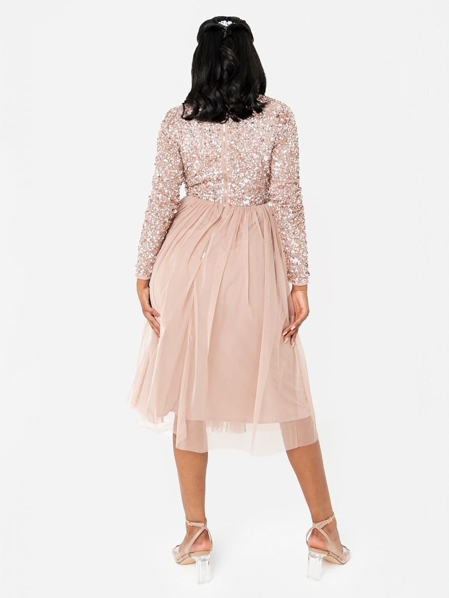 Maya Deluxe Maya Deluxe Women's Faux Wrap Embellished Long Sleeve Midi Dress in Taupe - 4