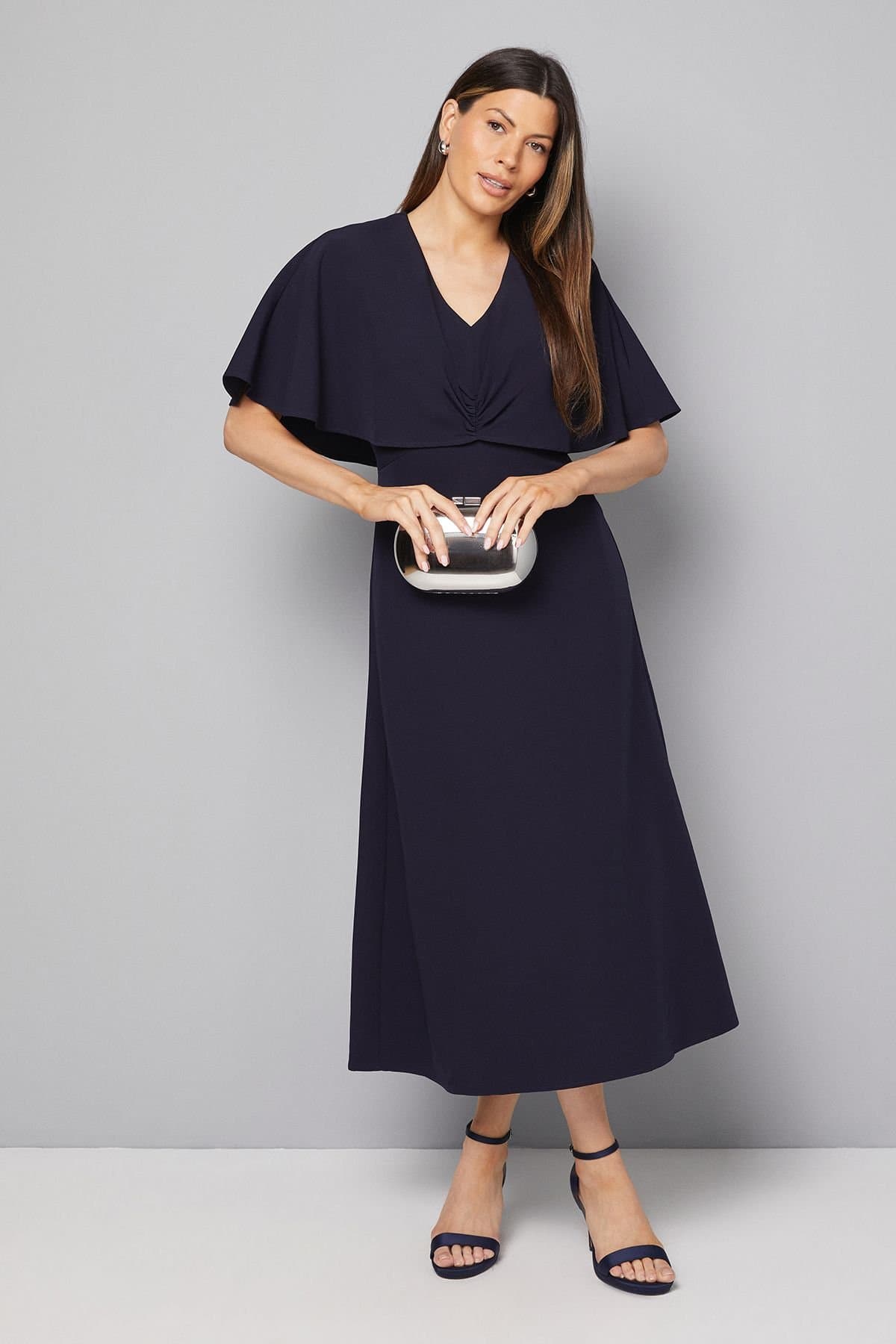 Wallis Wallis Women's Cape Sleeve Twist Front Midi Dress in Navy