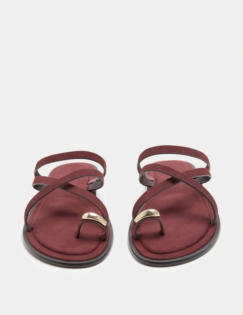 Marks & Spencer M&S Suede Strappy Flat Toe Loop Sandals Burgundy