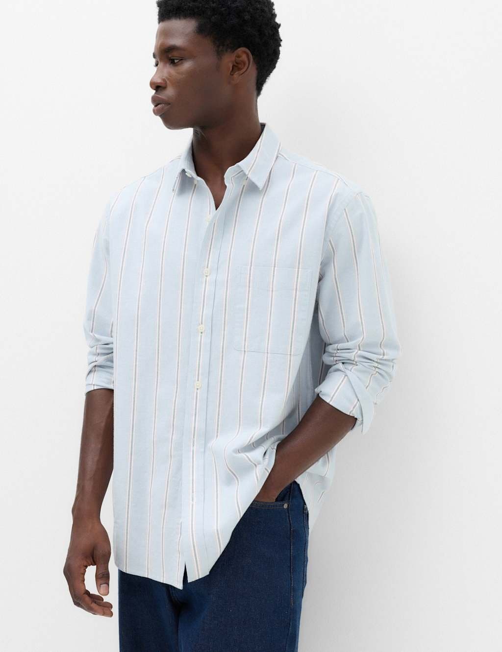 Marks & Spencer M&S Relaxed Fit Cotton Rich Striped Oxford Shirt Blue Mix
