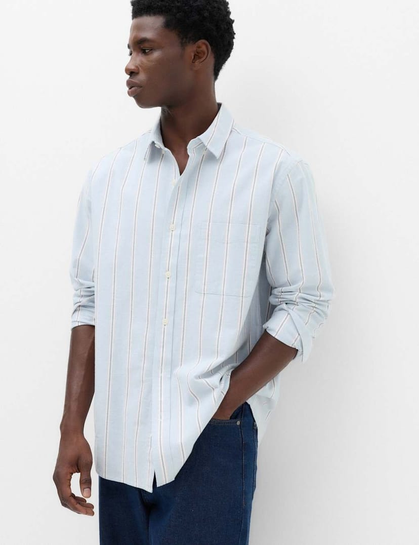Marks & Spencer M&S Relaxed Fit Cotton Rich Striped Oxford Shirt Blue Mix - 1