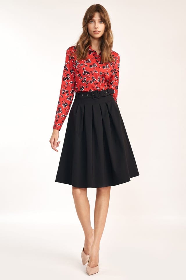 Love Lace Love Lace Women's Belted A Line Office Skirt with Folds in Black - 2