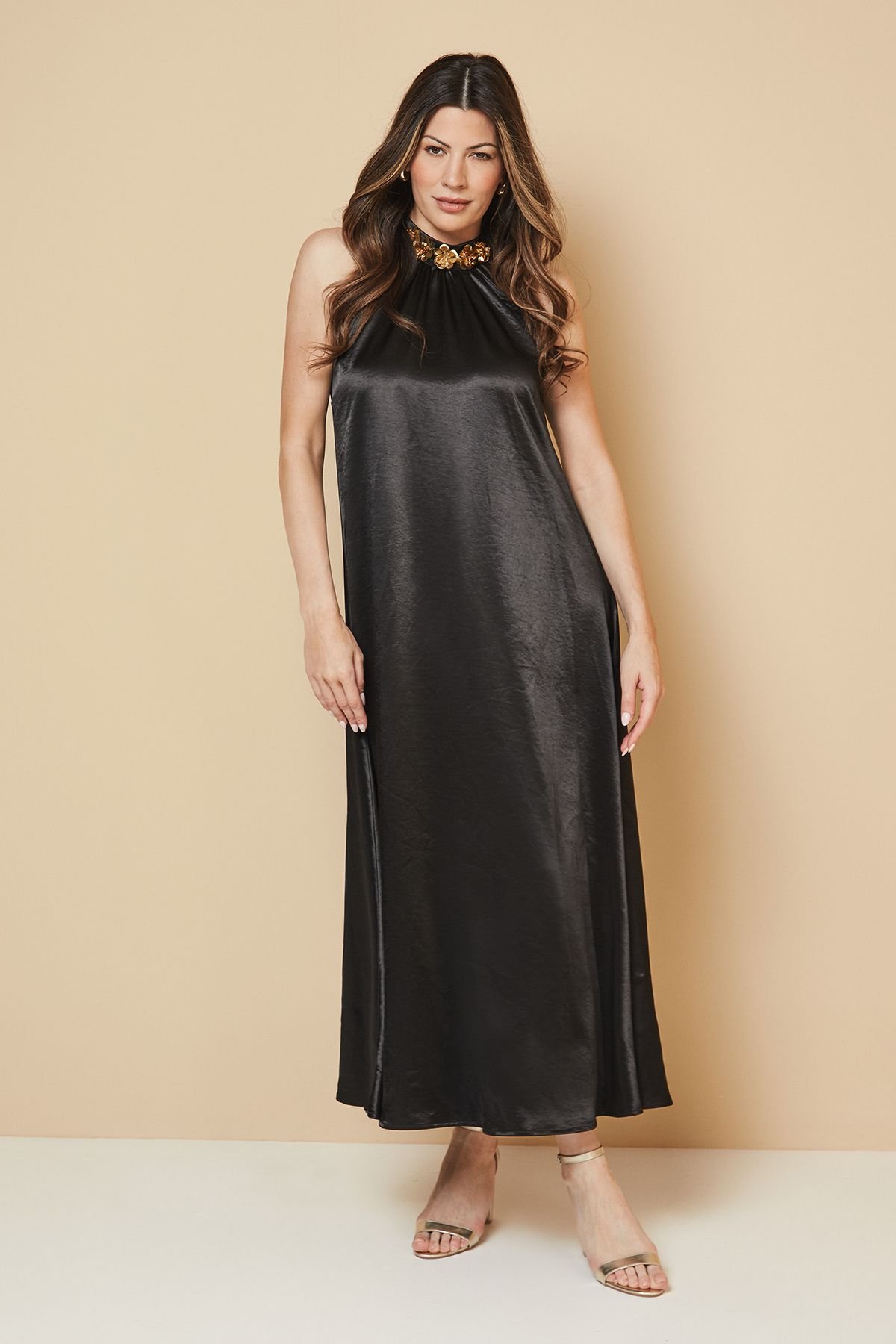 Wallis Wallis Women's Satin Embellished Floral Neck Trim Halter Dress in Black - 2