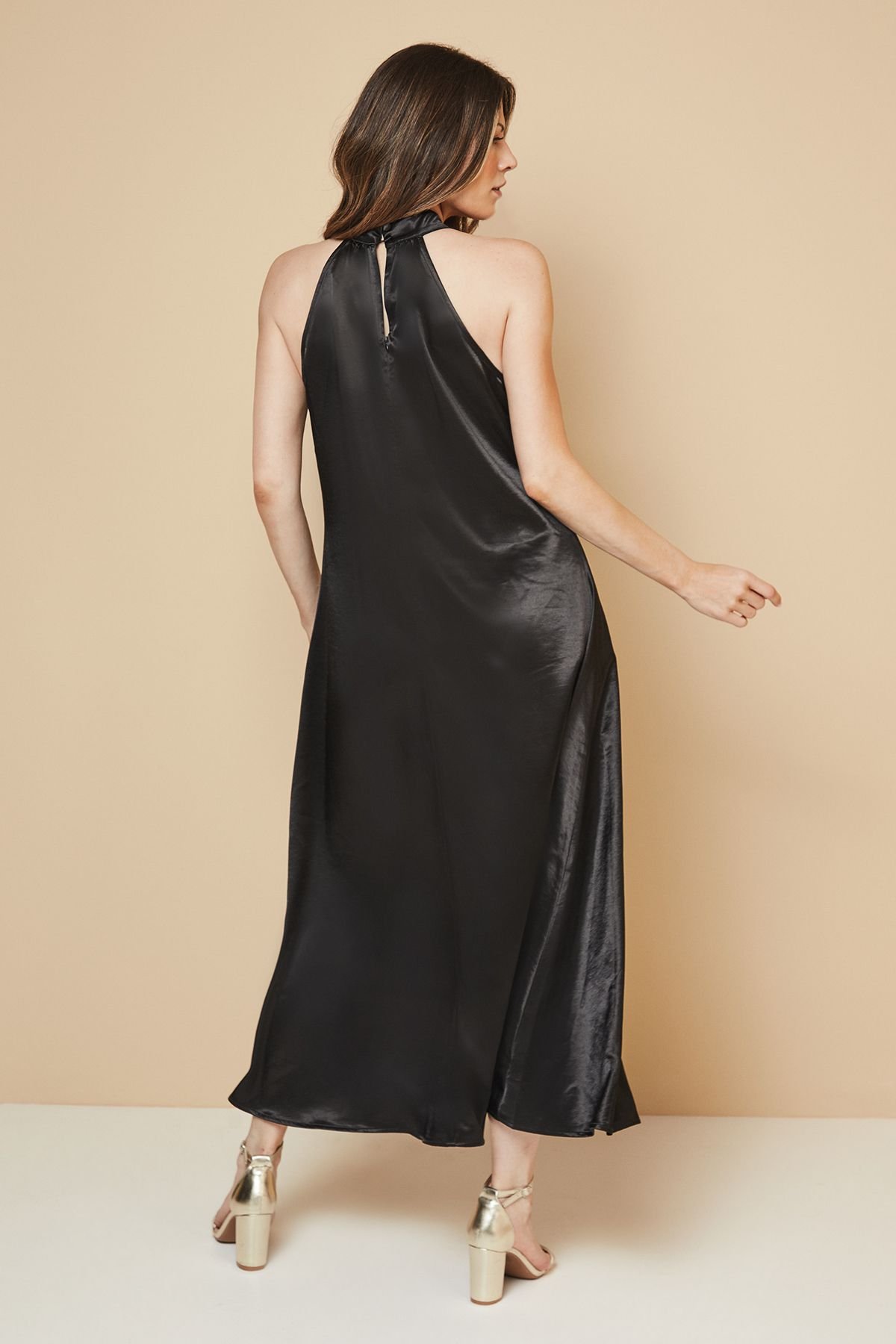 Wallis Wallis Women's Satin Embellished Floral Neck Trim Halter Dress in Black - 3