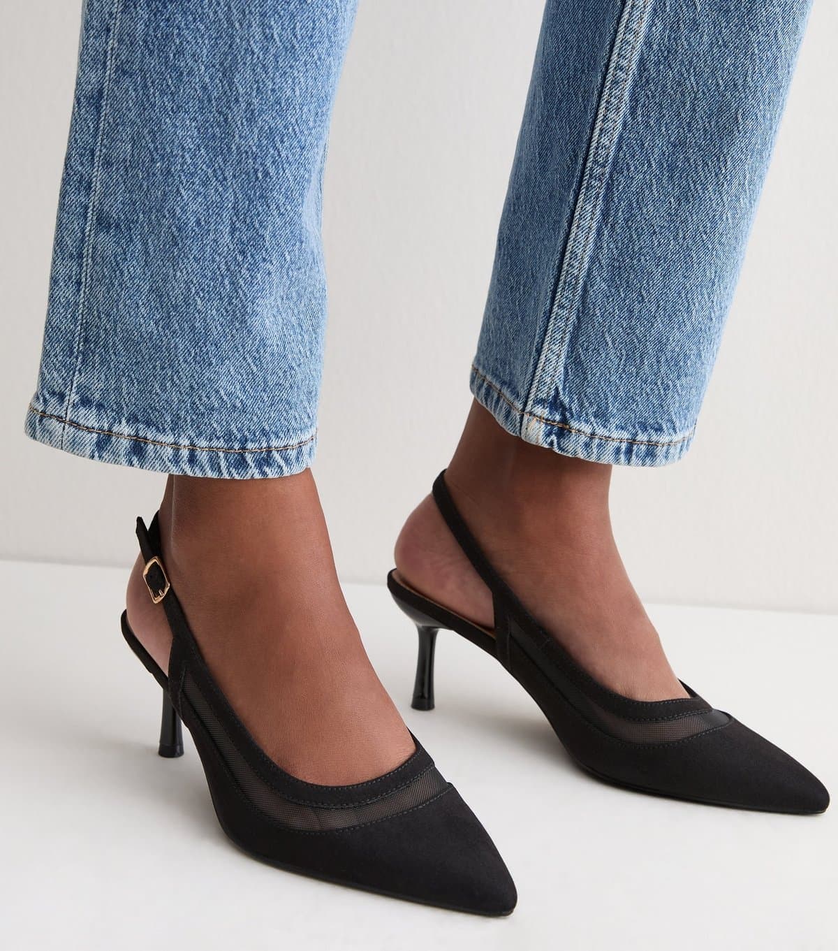 New Look Women's Black Faux Suede Mesh Cut Out Slingback Pumps Vegan New Look