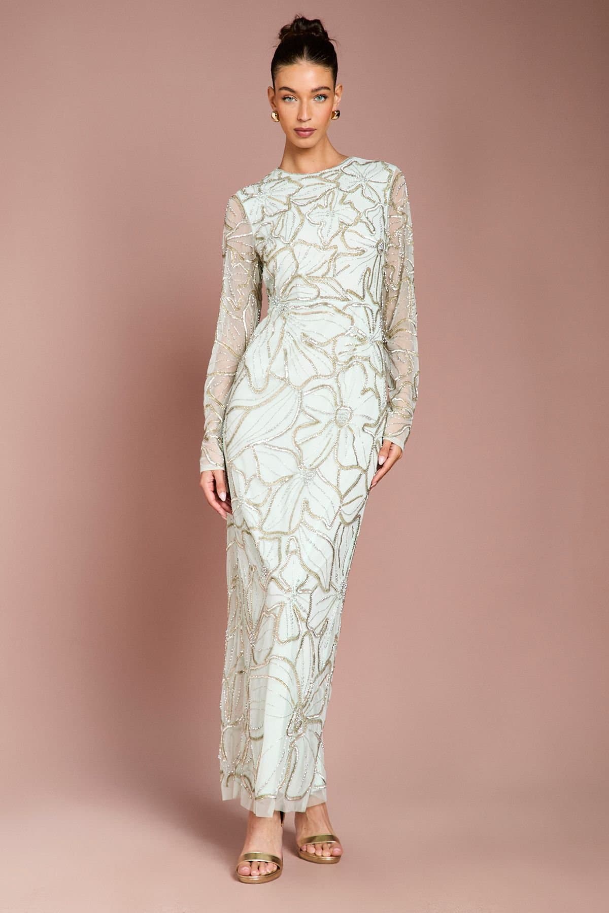 Coast Coast Women's Long Sleeve Floral Embellished Maxi Dress in Mint