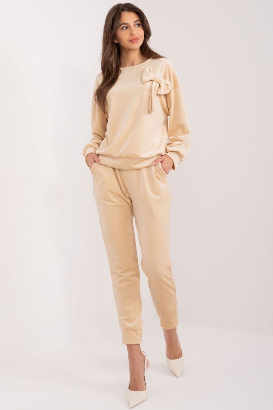 Love Lace Love Lace Women's Velour Sweatshirt & Tie Waist Pants Set Style 193483 in Beige