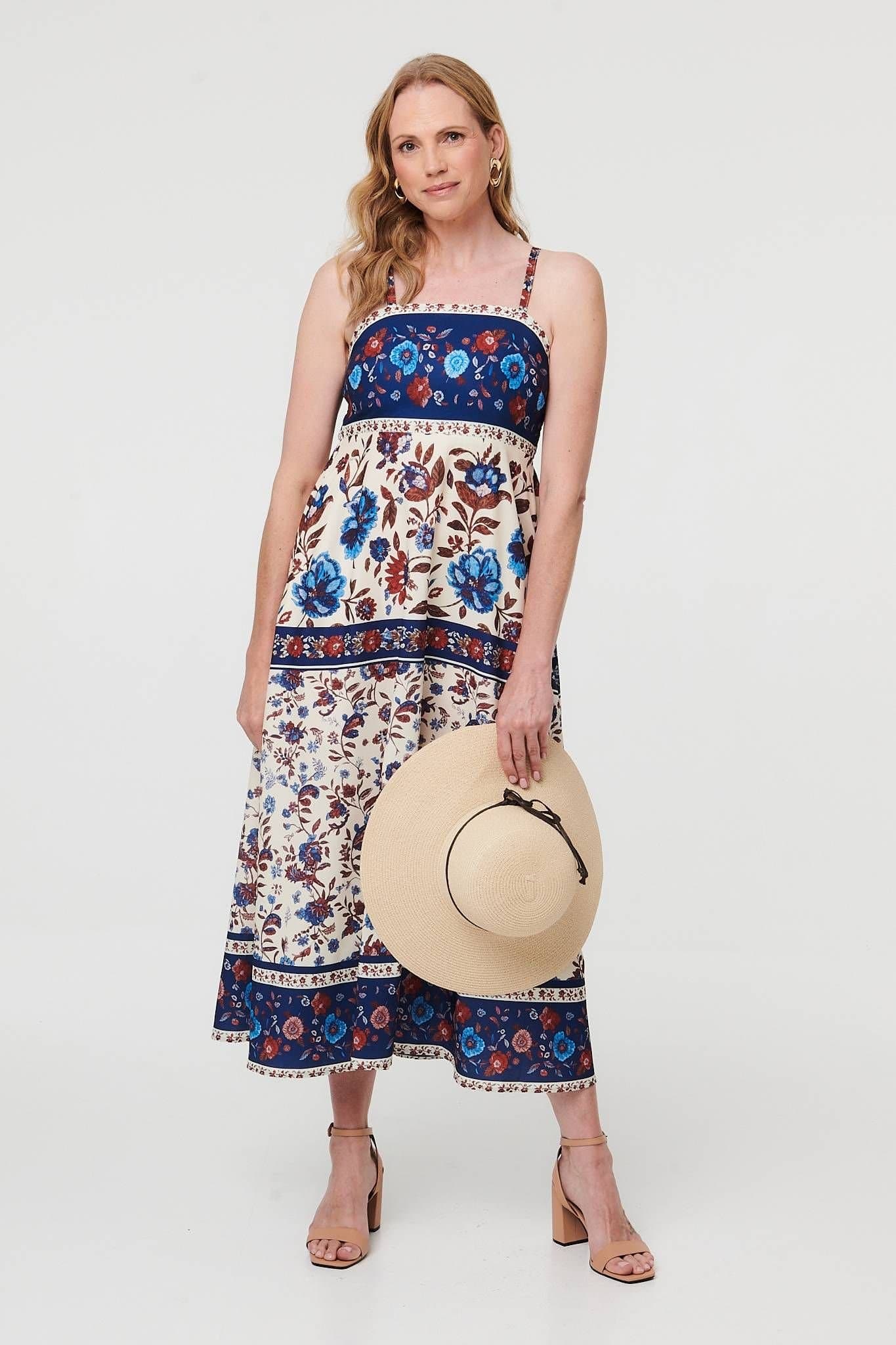 Izabel London Izabel London Women's Floral Border Sleeveless Cami Midi Dress in Navy