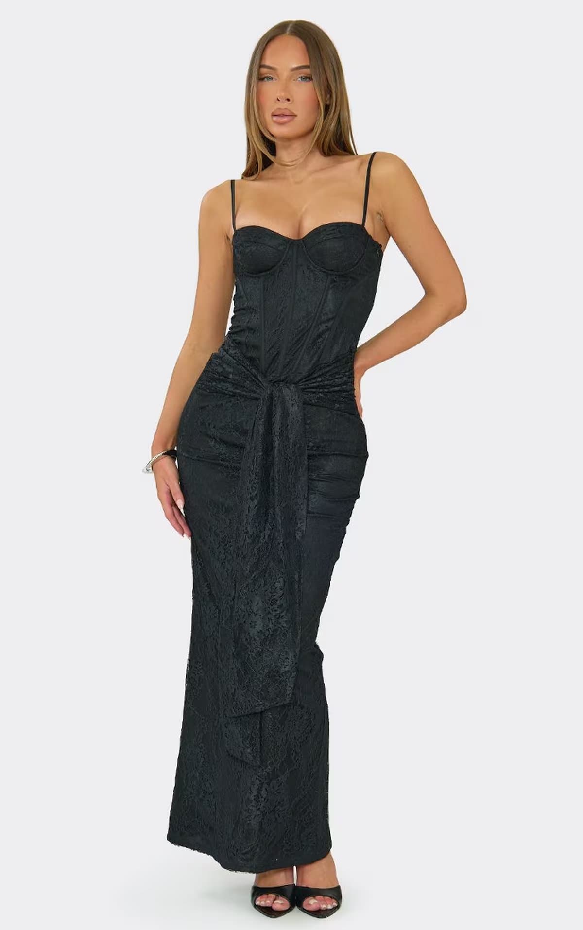 EGO Strappy Tie Waist Corseted Maxi Dress In Black Lace, Women's Size UK 6