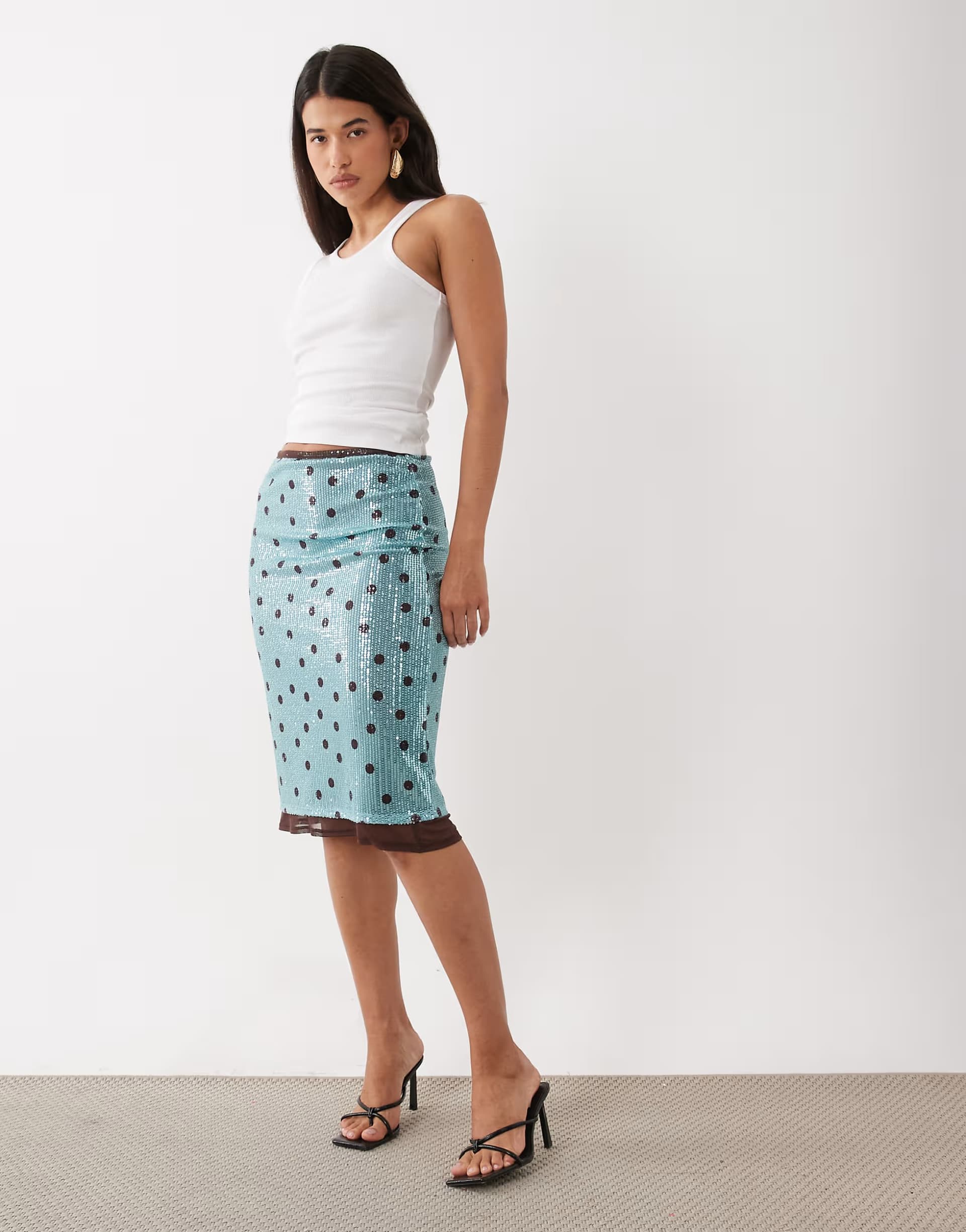 ASOS ASOS DESIGN printed sequin midi skirt in turquoise and chocolate polka dot