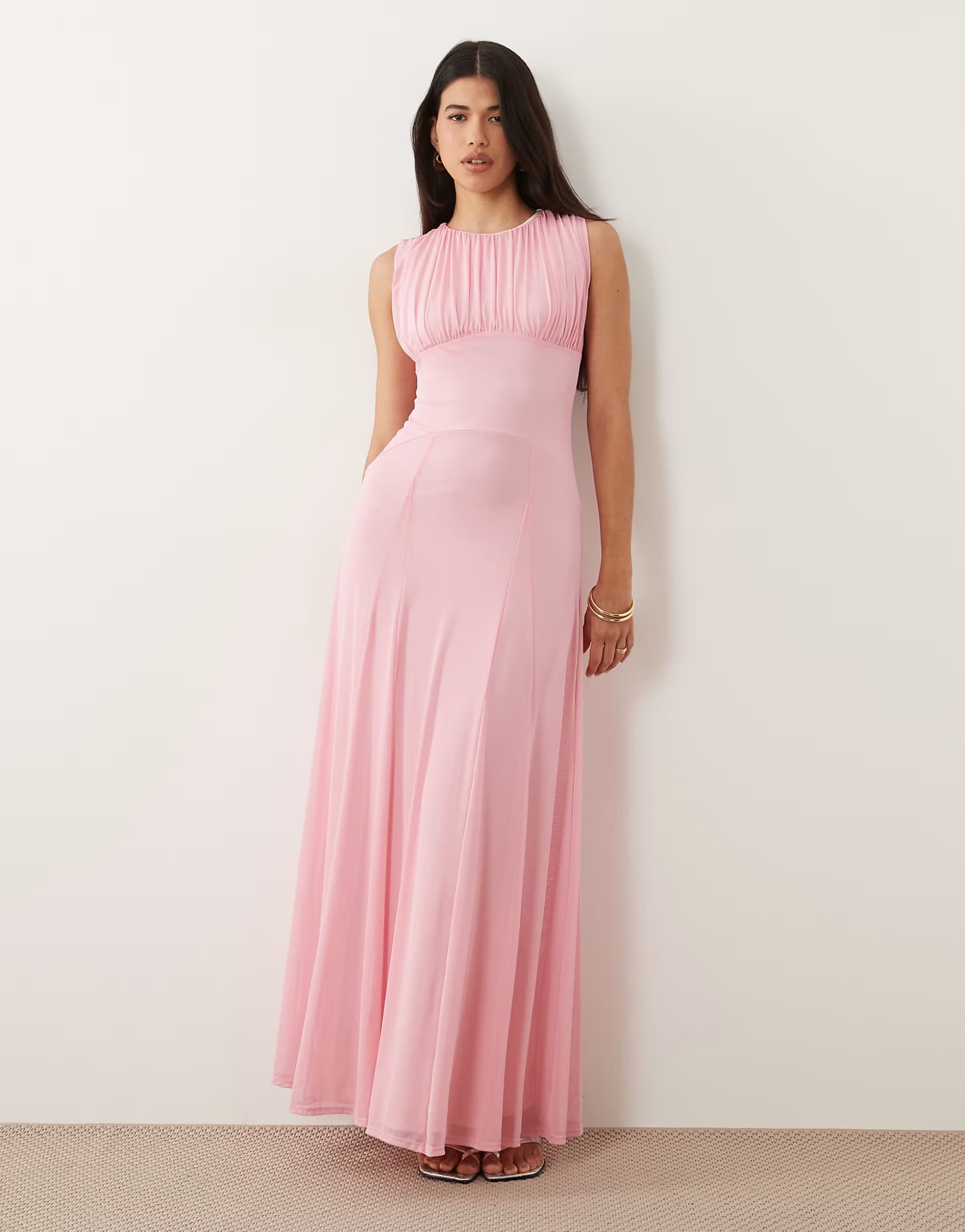 ASOS ASOS DESIGN mesh gathered detail maxi dress in baby pink