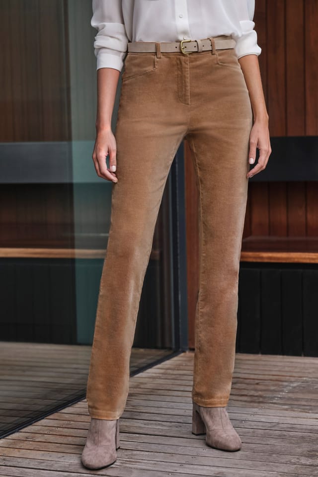 Pure Collection Pure Collection Women's Washed Velvet Straight Leg Trousers in Brown - 2