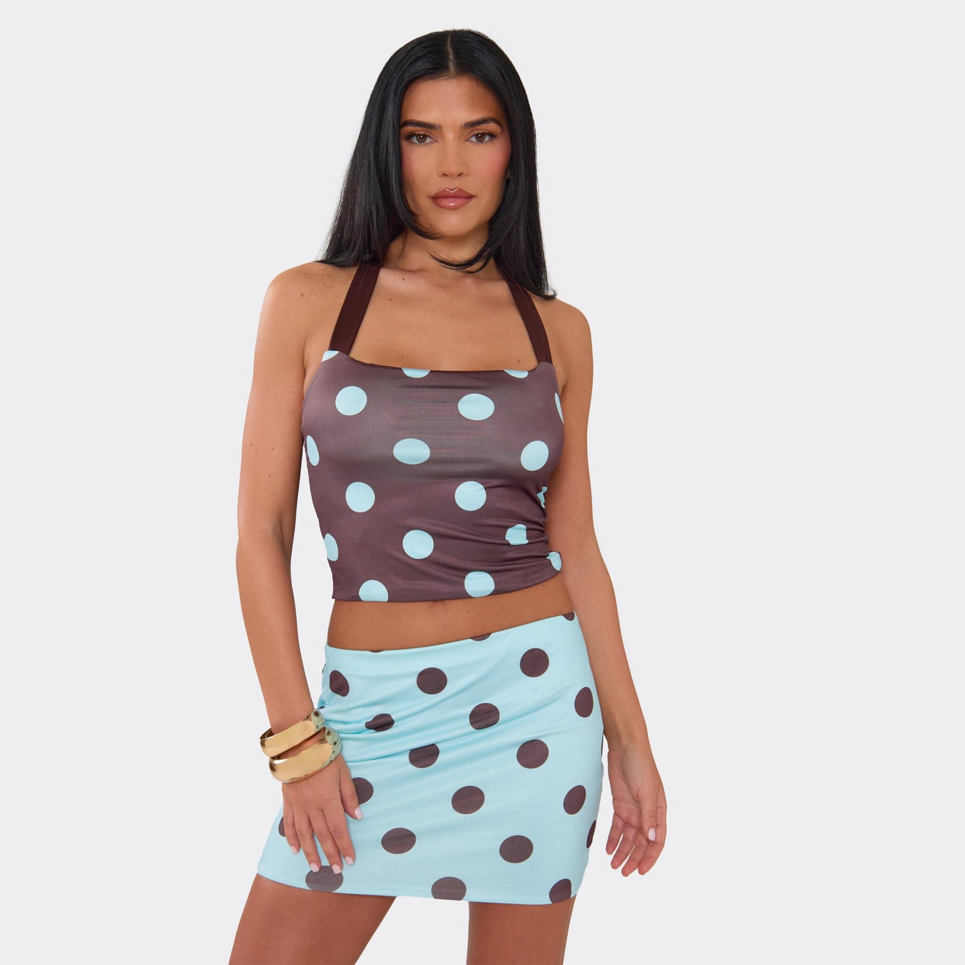 EGO Halterneck Top In Brown Polka Dot Slinky, Women's Size UK 6