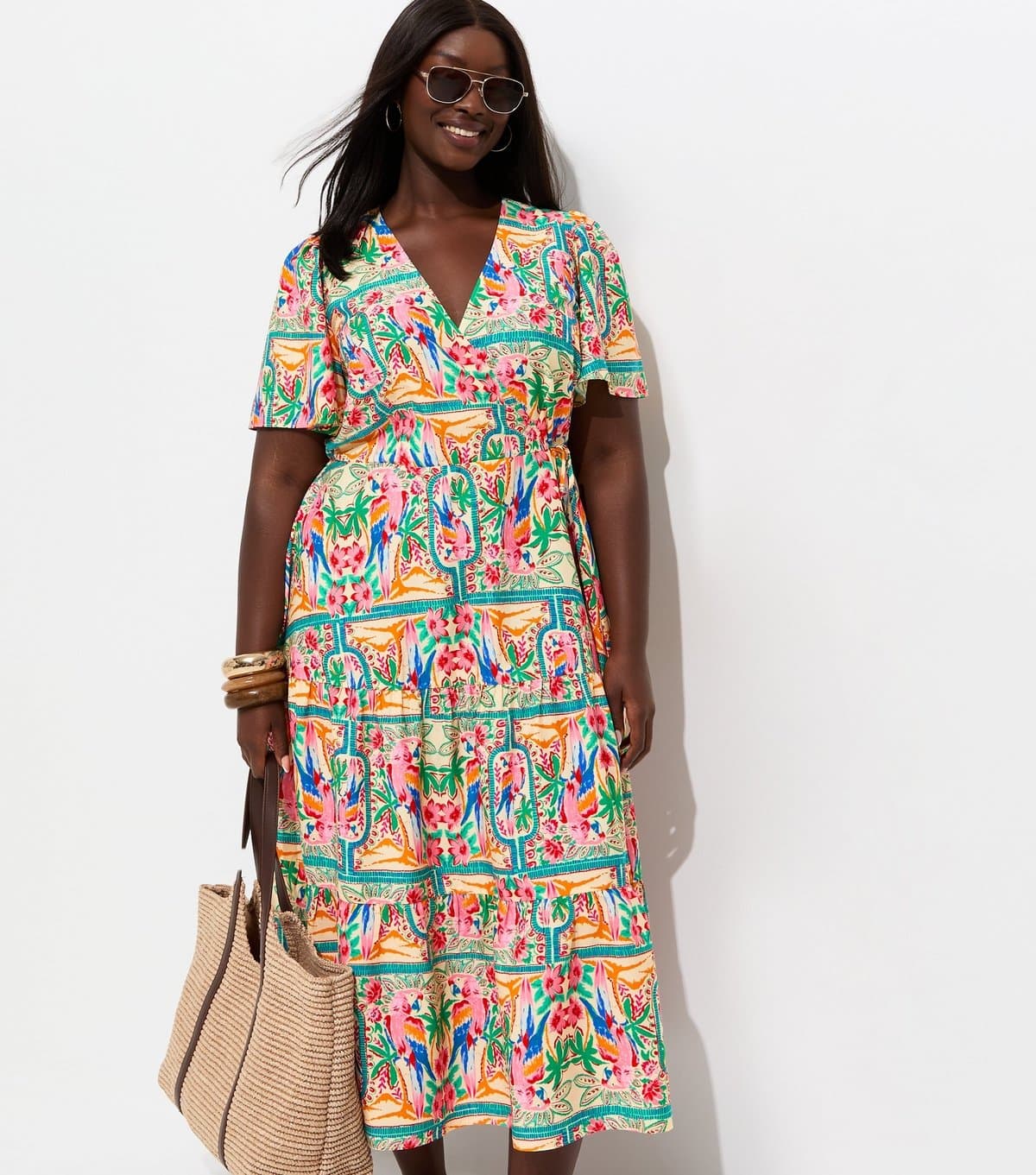 New Look Women's Plus Size Multicolour Parrot Print Crepe Wrap Dress Curves New Look