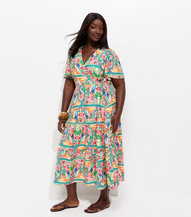 New Look Women's Plus Size Multicolour Parrot Print Crepe Wrap Dress Curves New Look - 3