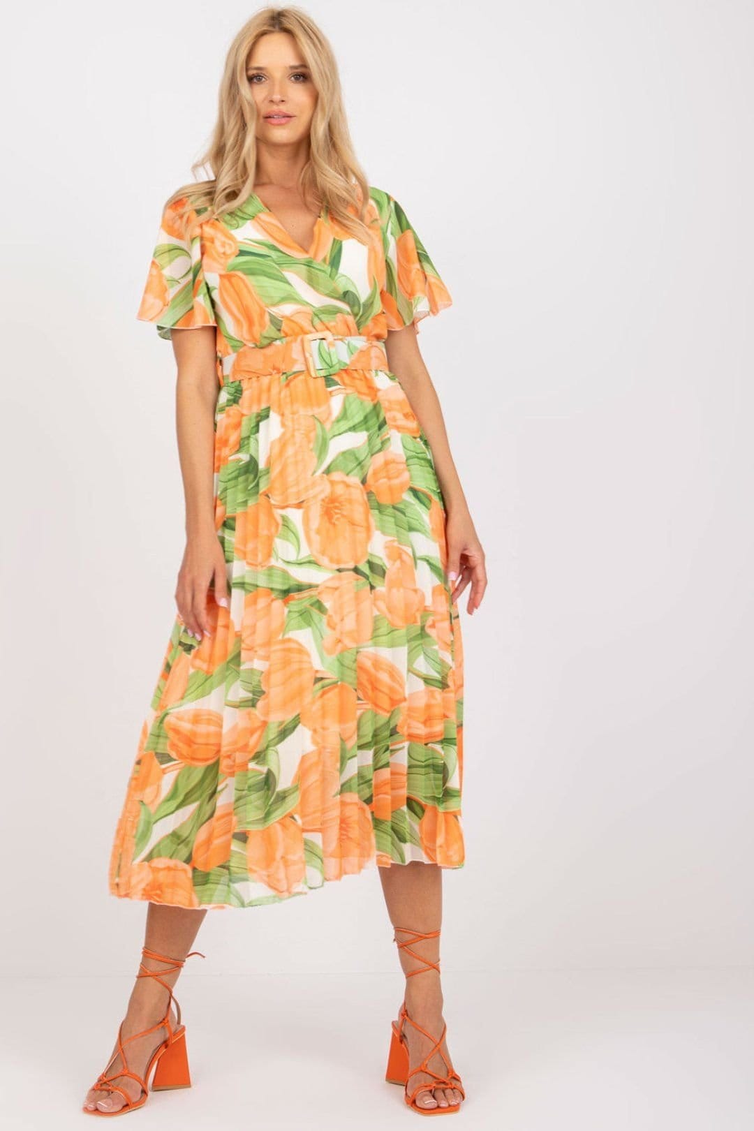 Love Lace Orange Frilled Sleeve Belted Lined Dress